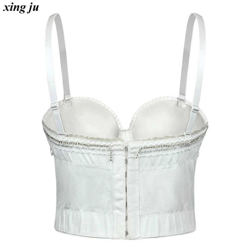 싱주 파티 핫걸 블루 데님 백리스 크롭탑 여성 재즈 댄스 의상 나이트클럽 DJ 섹시 레이스 비즈 체인 베스트 무대 의상