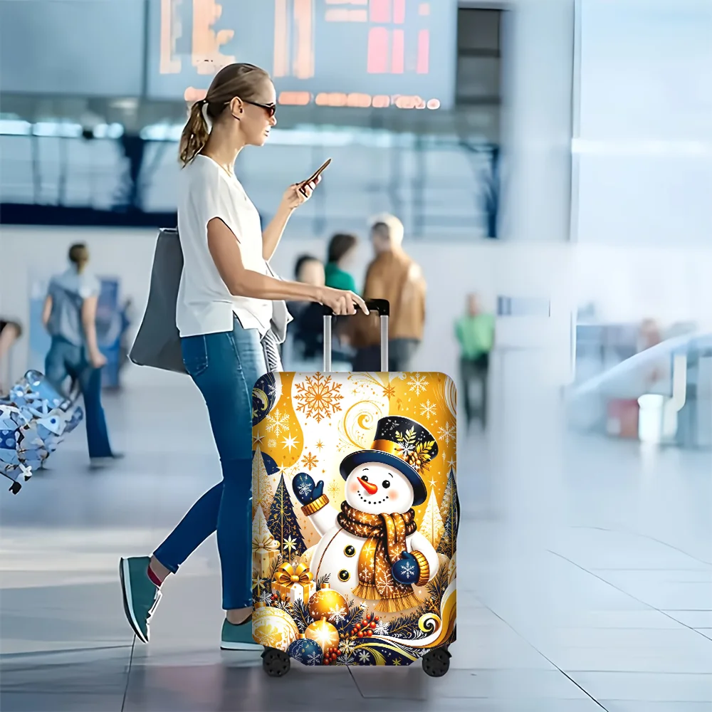 1PC Gold-Decorated Christmas snowman print luggage cover for luggage sizes 18 – 32 inches; dust and elastic travel accessories t