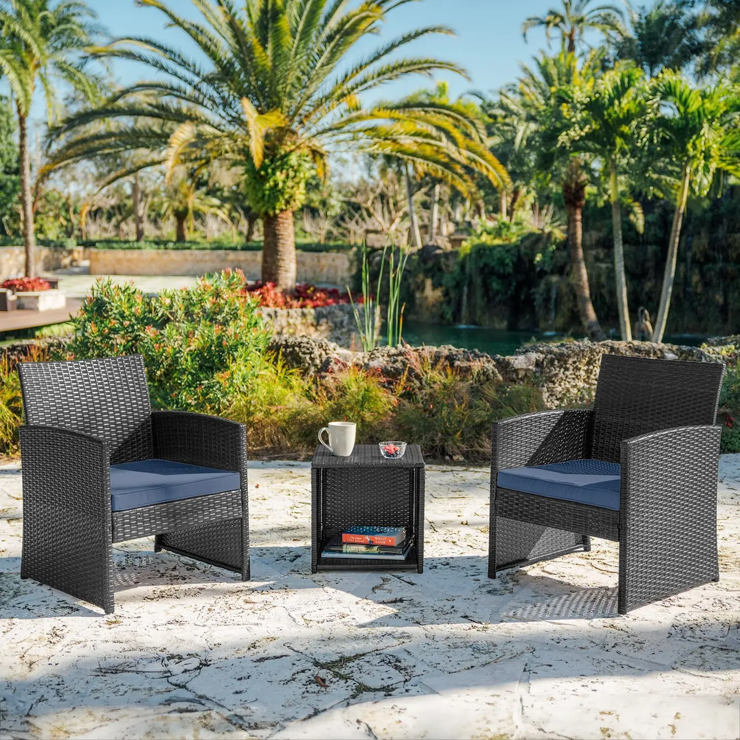 3 Piece Wicker Patio Bistro Set, Grey/Navy, Ideal for Front Porch and Outdoor Conversation