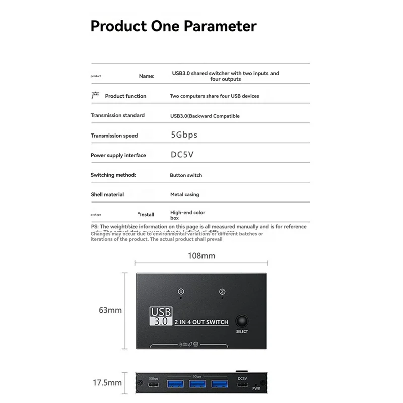 USB 3.0 2 Input 4 Output USB-C Switch 5Gbps For Device Sharing Printer Scanner Keyboard Mouse