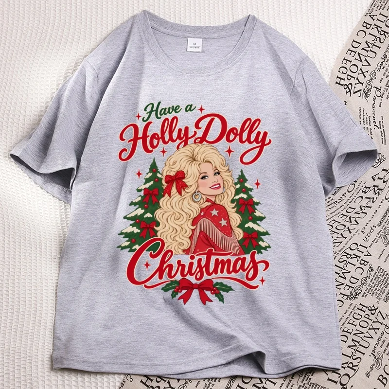 Have A Holly Dolly Christmas T Shirt Women Dolly Parton Tshirt Country Music Graphic Tee Cotton Short Sleeve Round Neck Clothing