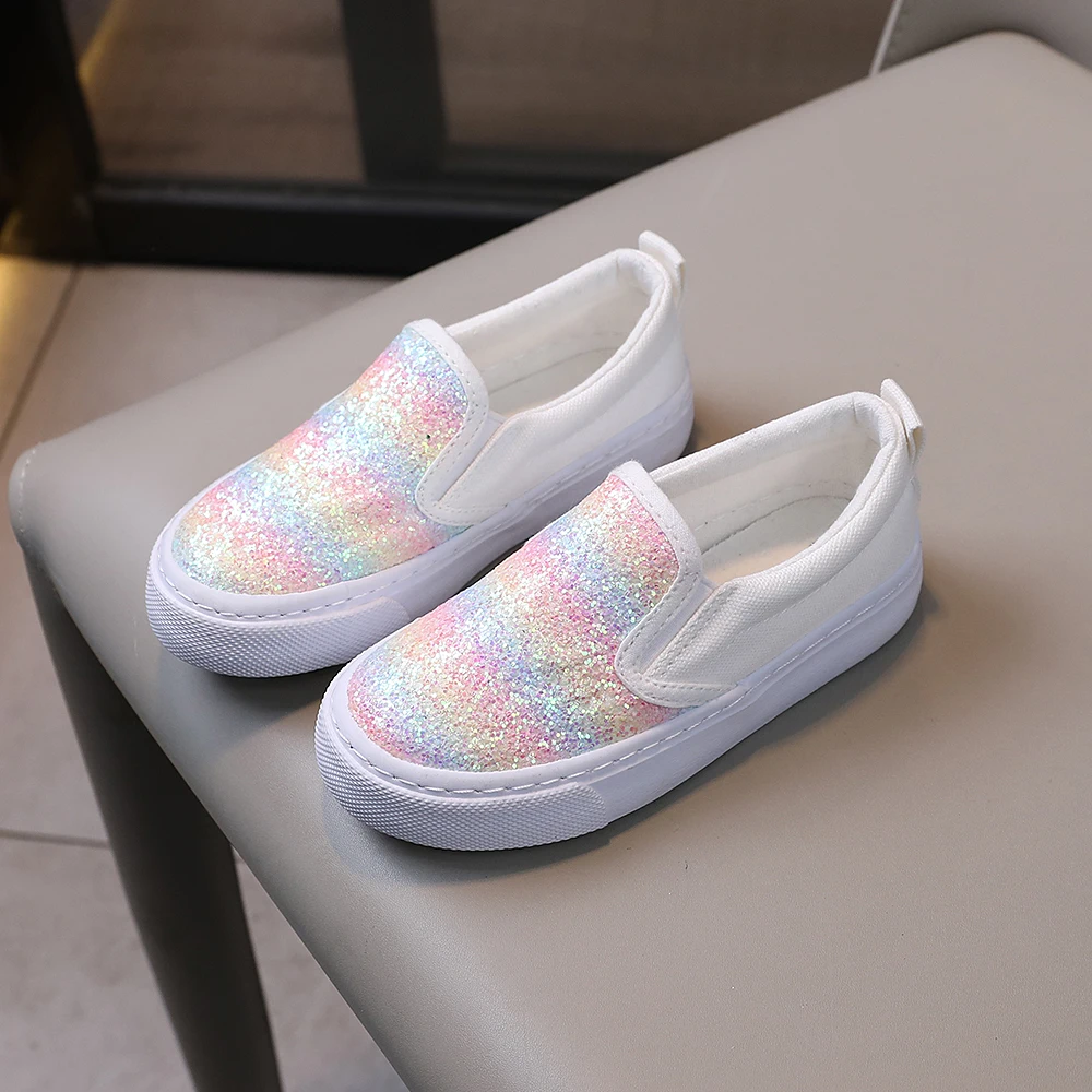 COMFY KIDS Girls 3-12 Years Rainbow Holographic Glitter Slip-On Canvas Shoes Breathable Fabric Easy On/Off Pull Tab Soft Sole All-Season Wear Party Casual Shoes