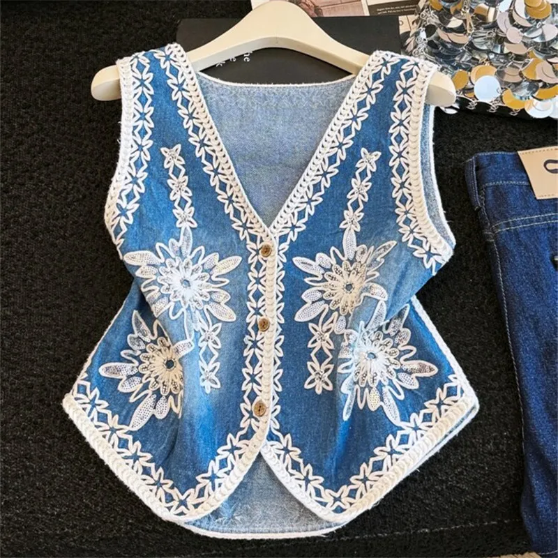 

Heavy Work Embroidery Sequin Thin Denim Vest Women Summer Dark Blue Light Blue V-Neck Single-Breasted Sleeveless Jeans Waistcoat