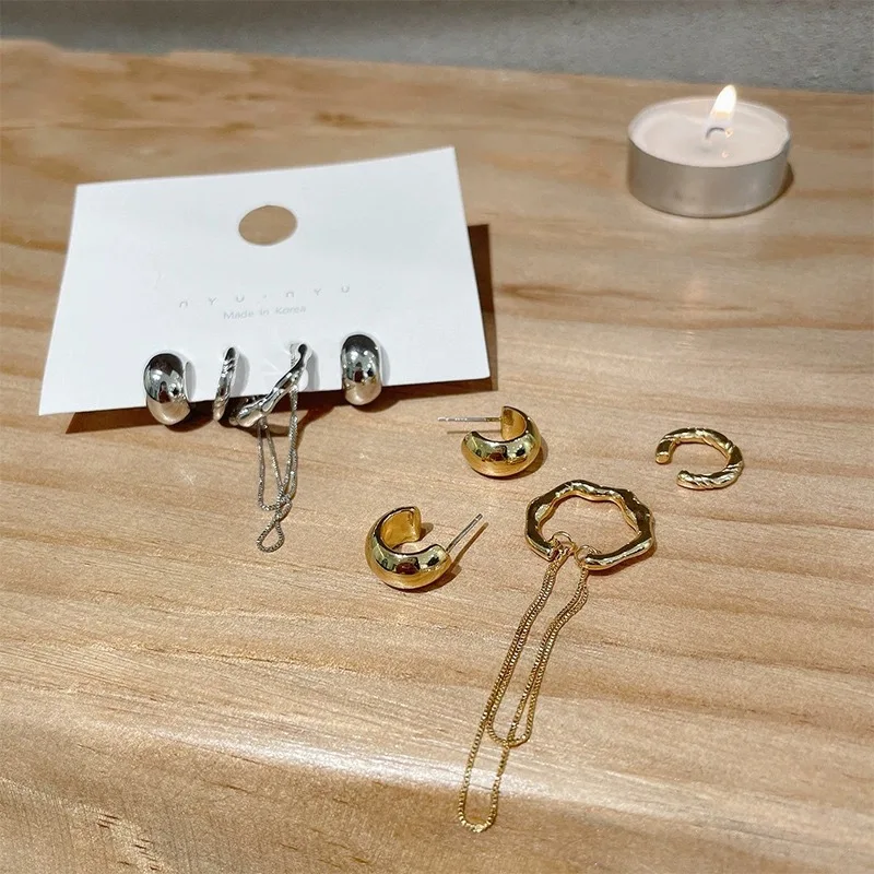 Chain Ear Cuff Set Irregular Metal Design Sophisticated Edgy Versatile Women Office Casual Daily Stainless Steel Jewelry