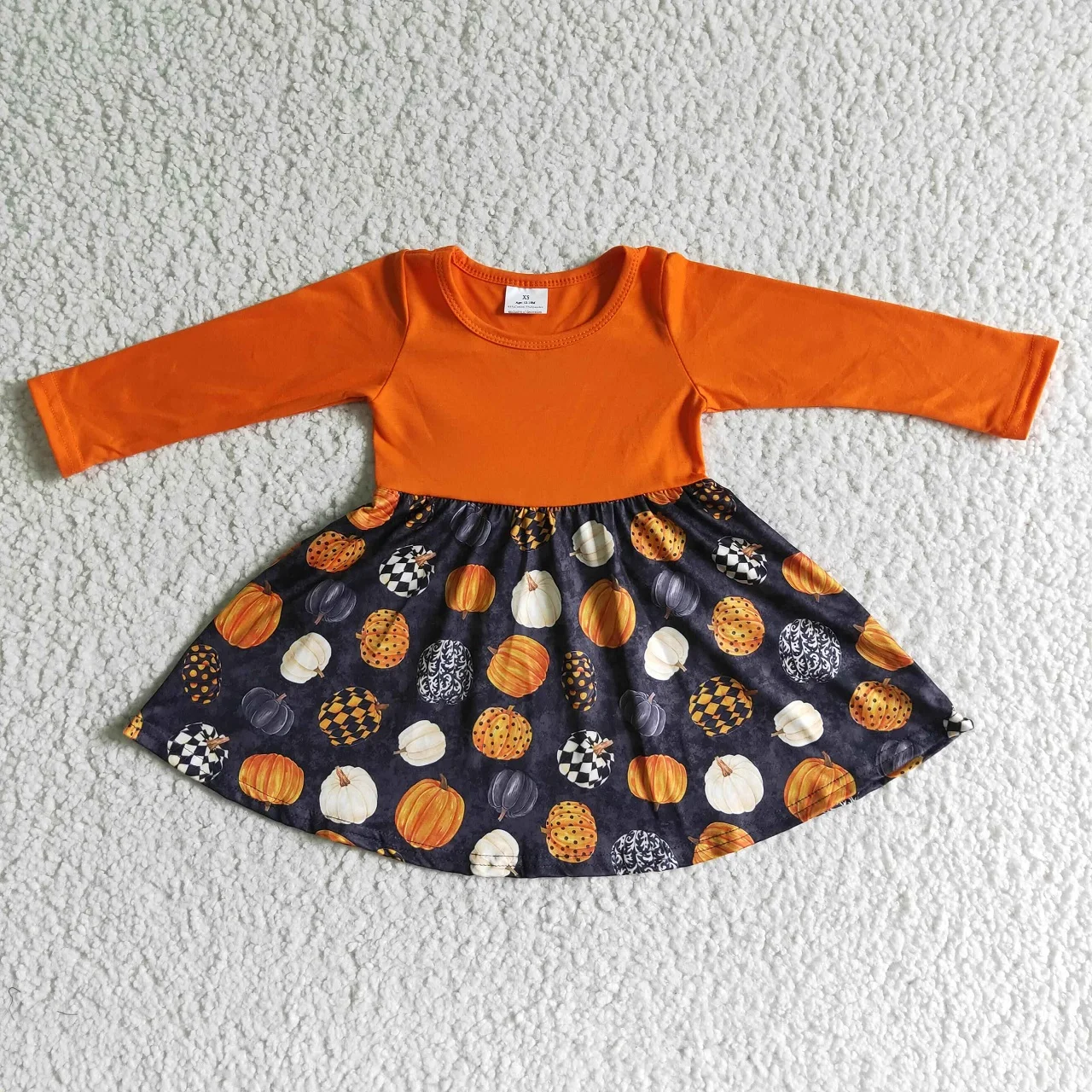 Promotion Wholesale Kids Fall One Piece Children Baby Girl Pumpkin Halloween Orange Long Sleeves Clothing Infant Toddler Dress