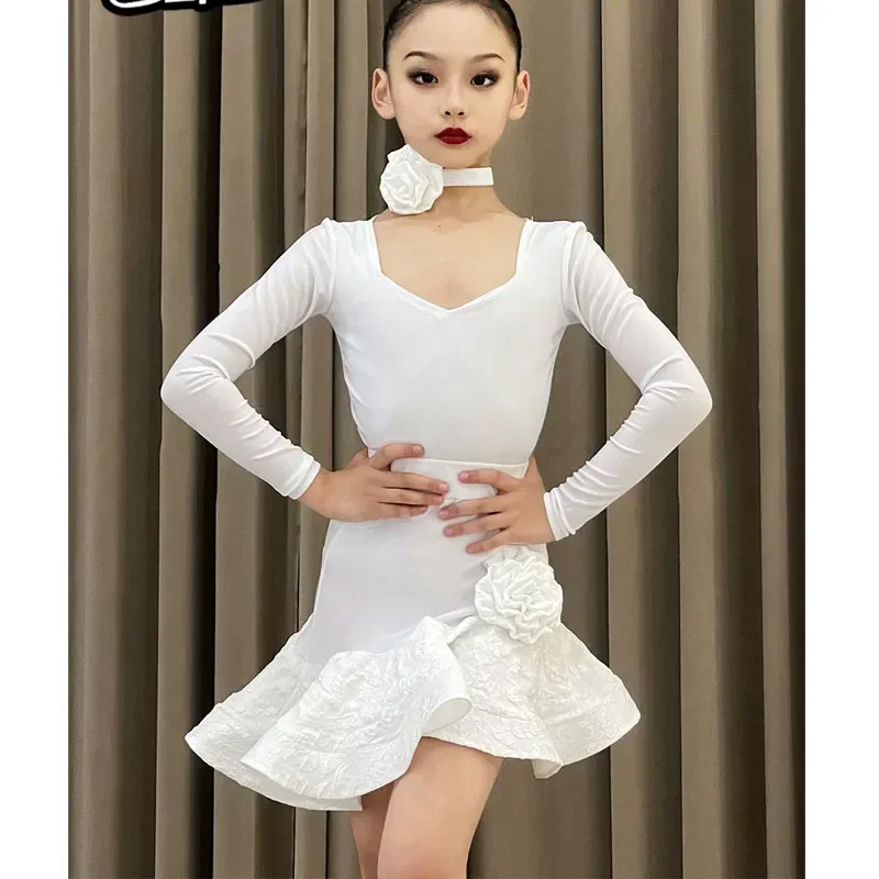 autumn and winter new Latin dance dress children's training dress girls dance dress white simple long-sleeved suit