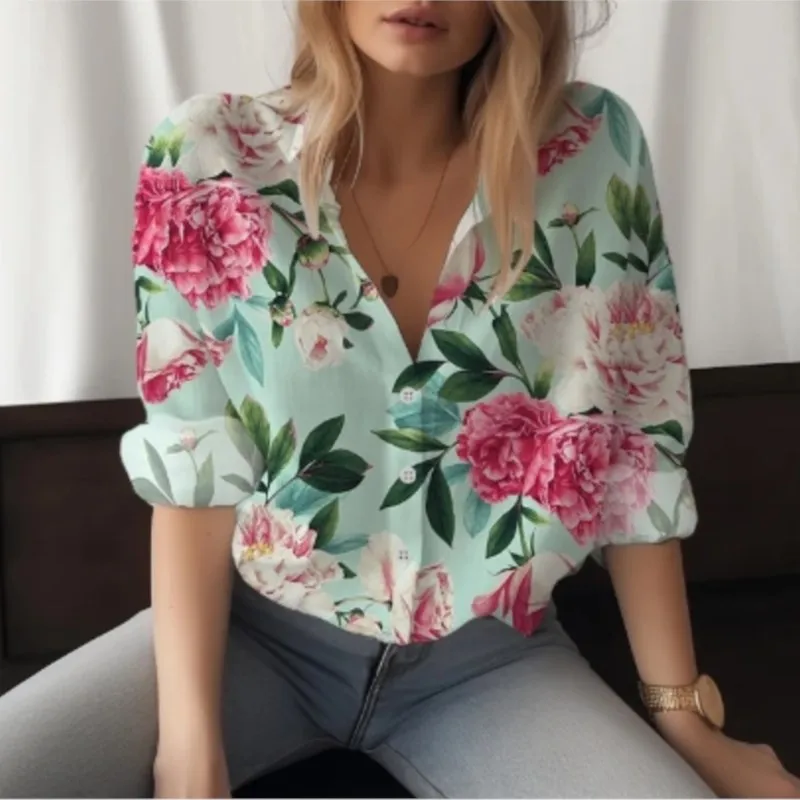 New long sleeved shirt with women\'s lapel buttons and floral print pattern fashionable street style shirt comfortable women\'stop