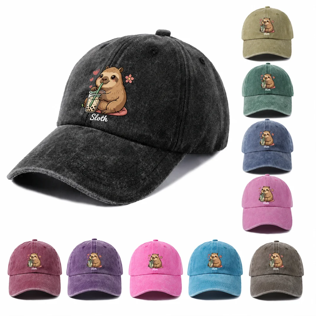 Sloth Bubble Tea Graphic Baseball Cap, Vintage Washed Adjustable Unisex Dad Hat, Cute Boba Animal Lover Gift
