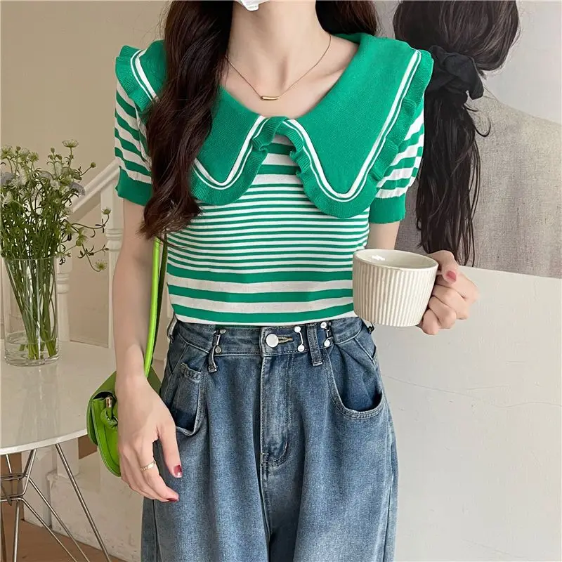 Striped Short Knitted Shirt Summer New Short Sleeve All-match Patchwork Contrast Sweet Tops Tees Vintage Fashion Women Clothing