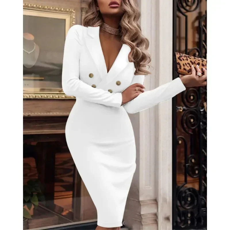 

Spring Summer 2024 New Business Suit and Dress Women Solid V-neck Double Breasted Dress Women Long Sleeve Slim Fit Elegant Dress