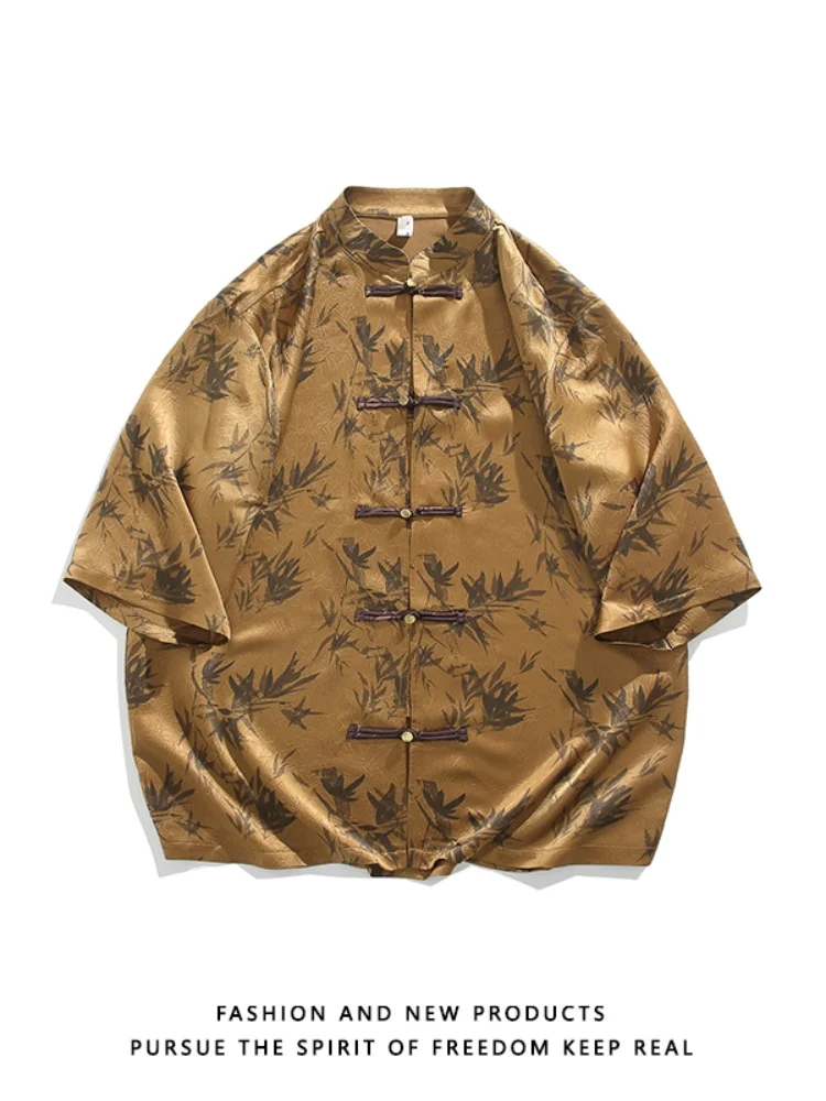 

Men's ort Sve irt Ice Silk Thin New Summer Chinese Sle Reformed Hanfu Loose Fit Printed Casual irt Youth Faion