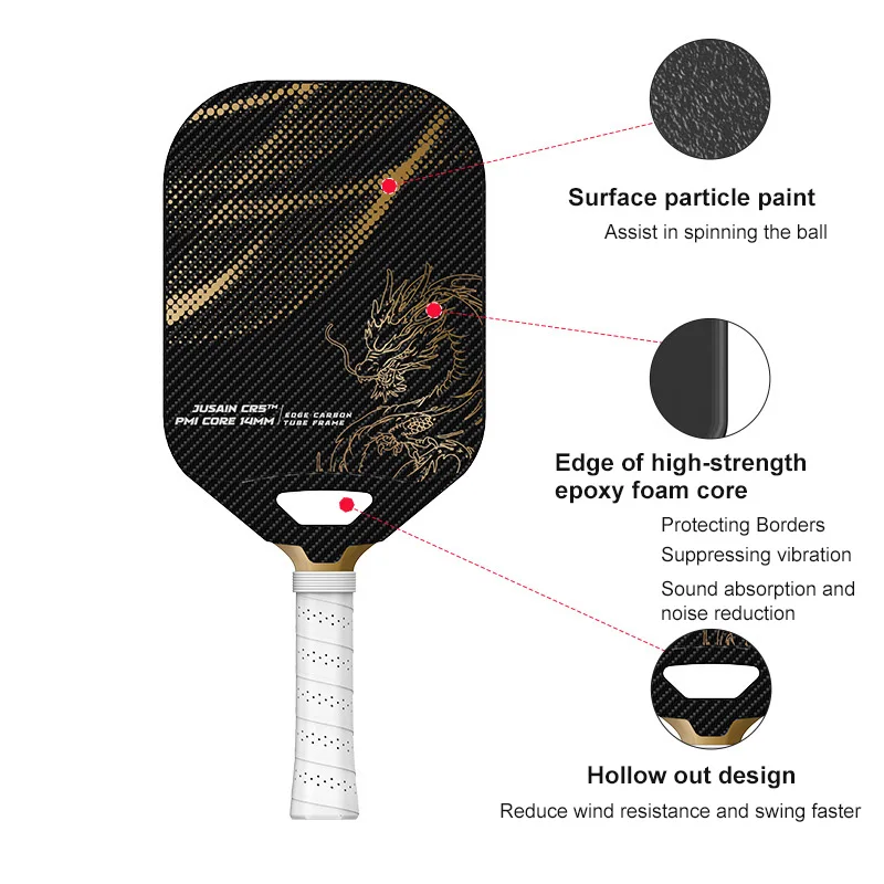 Paleta de Pickleball de fibra de carbono T700, núcleo de panal de PP integrado, patrón de dragón, prensado en caliente, peso ligero de 14MM