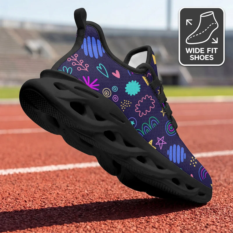 Ladies Men's Wide-Fit Casual Sports Shoes，Fresh deep indigo base with small, bright cute rainbow crown mini icon graffiti