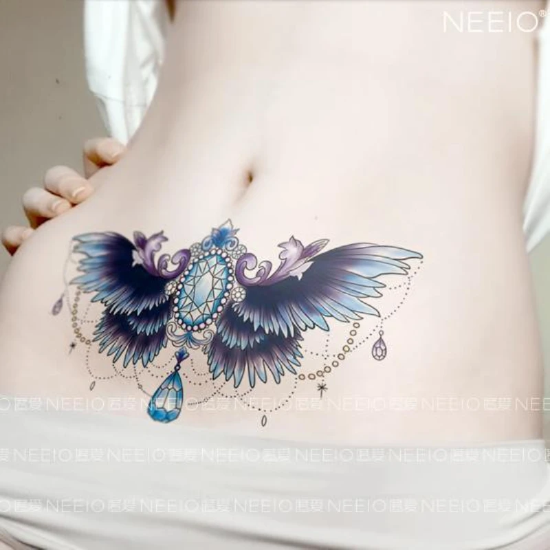 

Lasting Blue Gem Fake Tattoo for Woman Abdomen Art Tattoo Sticker Sexy Wings Temporary Tattoos Waterproof Tatuajes Temporales