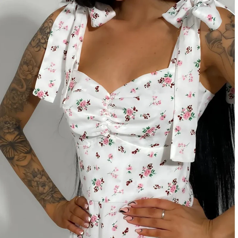 Vintage Pleated Floral Print Long Split Dress Casual Ruched Lace-Up Mid-Calf Dresses Women Summer Sexy High Waist Backless Dress