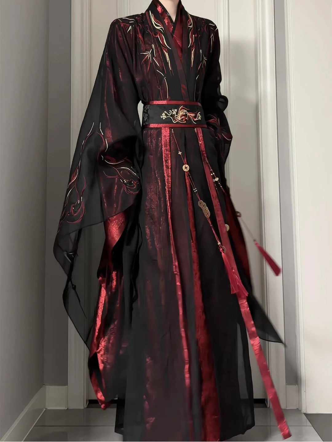 Youthful Martial Arts Style Hanfu Long Shirt Embroidered Sleeveless Waist Seal Han Su Unisex Daily Wear Traditional Chinese C...