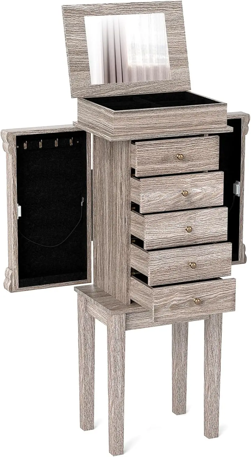 

Серый шкаф-органайзер для украшений с 5 ящиками, зеркалом, распашными дверцами, крючками для колье, напольный, большой