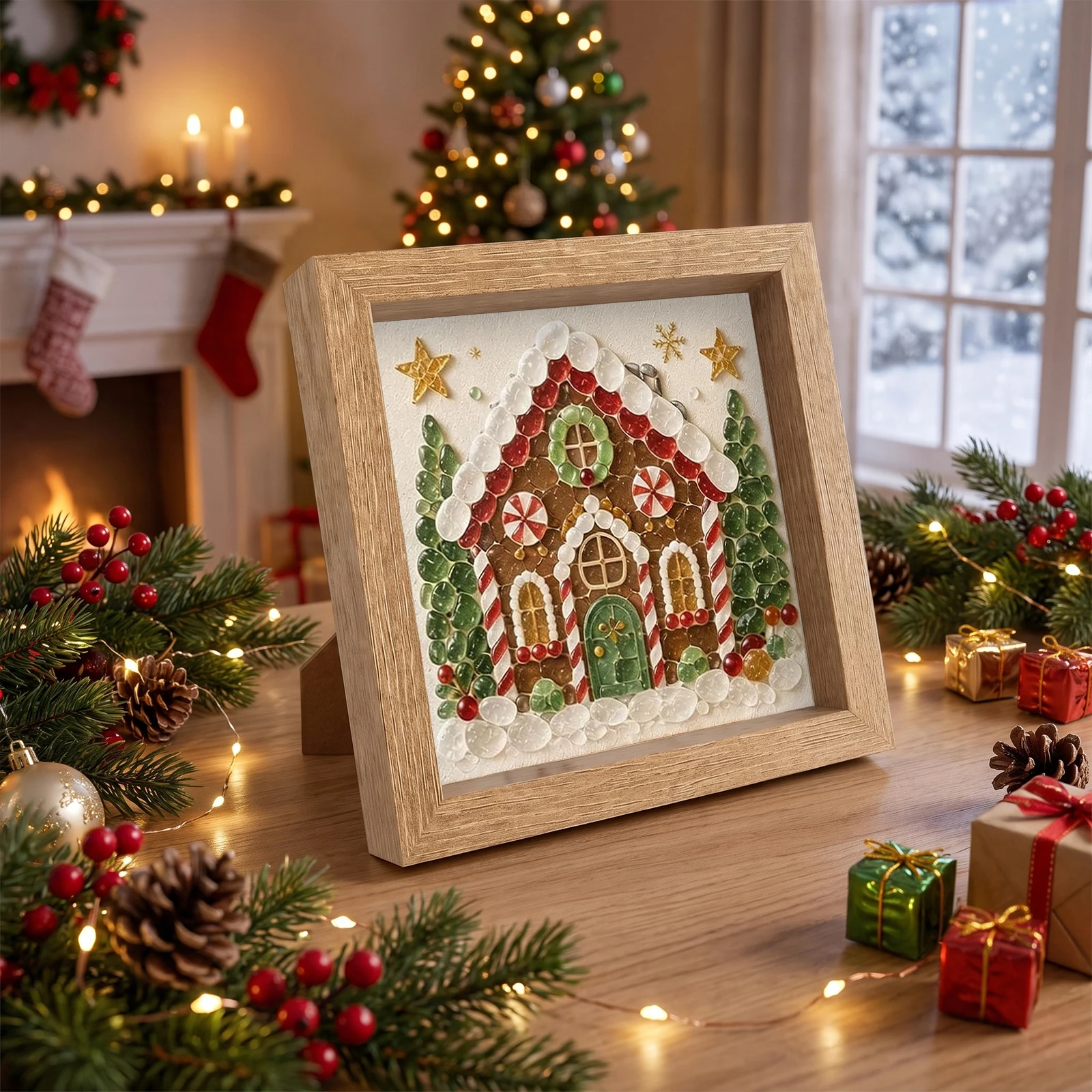 Sea Glass Mosaic Home Decor Kit 8 Pieces Glass Tiles Pre-Printed Board Mini Wood Easel Jute Rope Gift Box