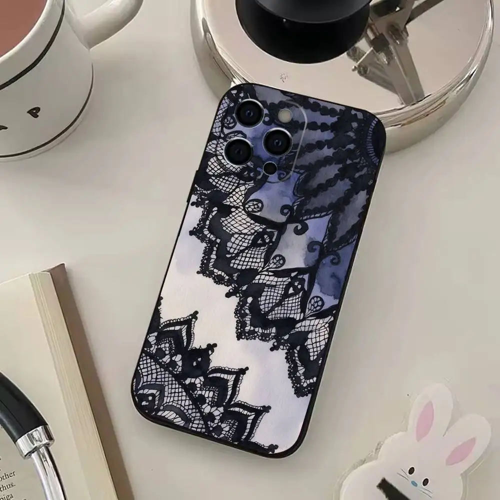 Lace Texture Print Phone Case For iPhone 17,16,15,14,13,12,11 Plus,Pro Max,XS,Soft Black Cover