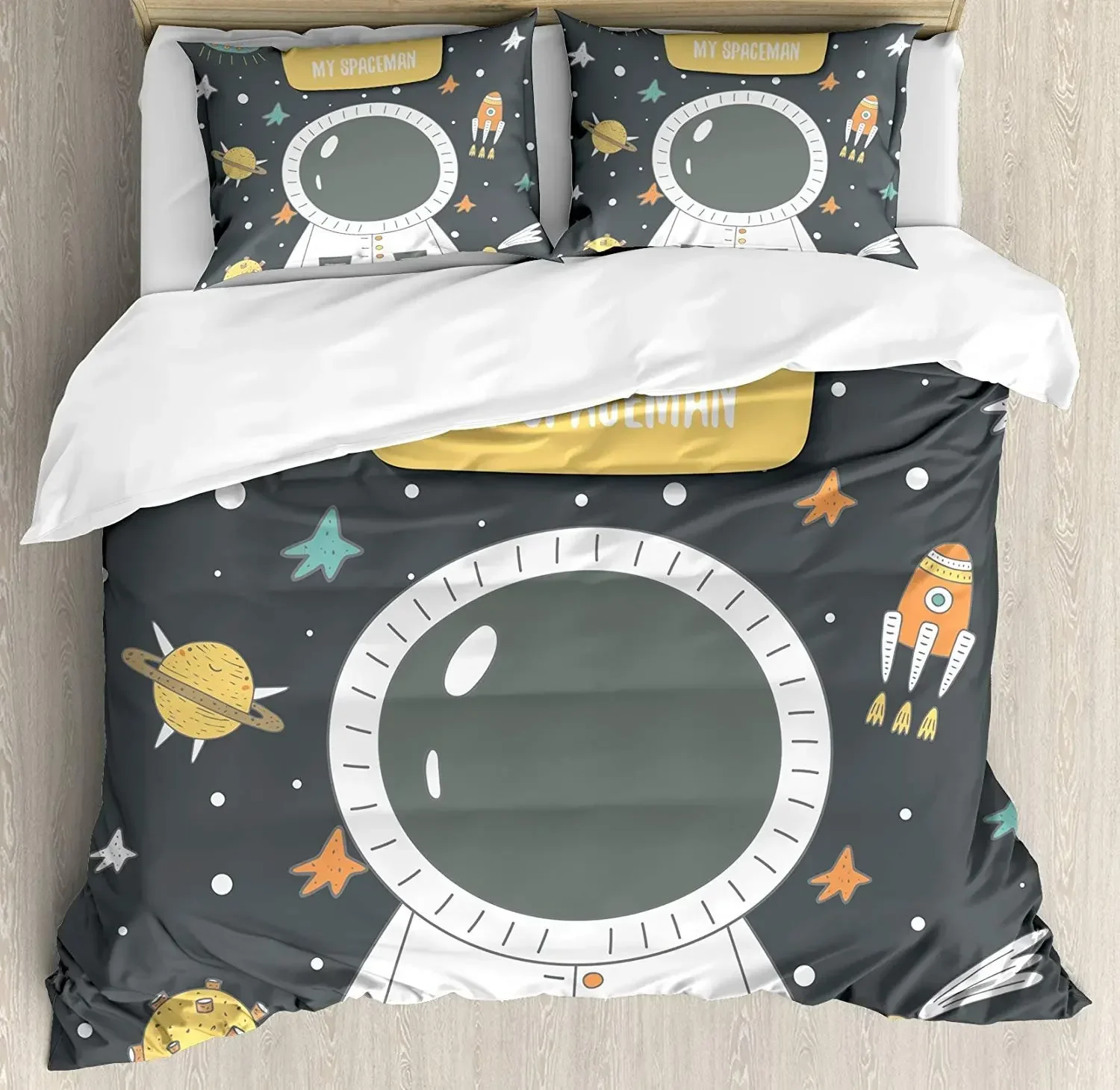 Astronaut Bedding Set You Are My Spaceman Cosmic Doodle with Stars Rocket Moon Comet Galaxy UFO Duvet Cover Pillowcase for Home