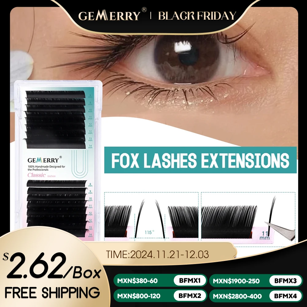 Gemerry LC Curl Camellia Fox Lashes Extension Soft Easy Fan Lashes With Tilted 115° False Eyelash Drawer Box Matte Black Makeup