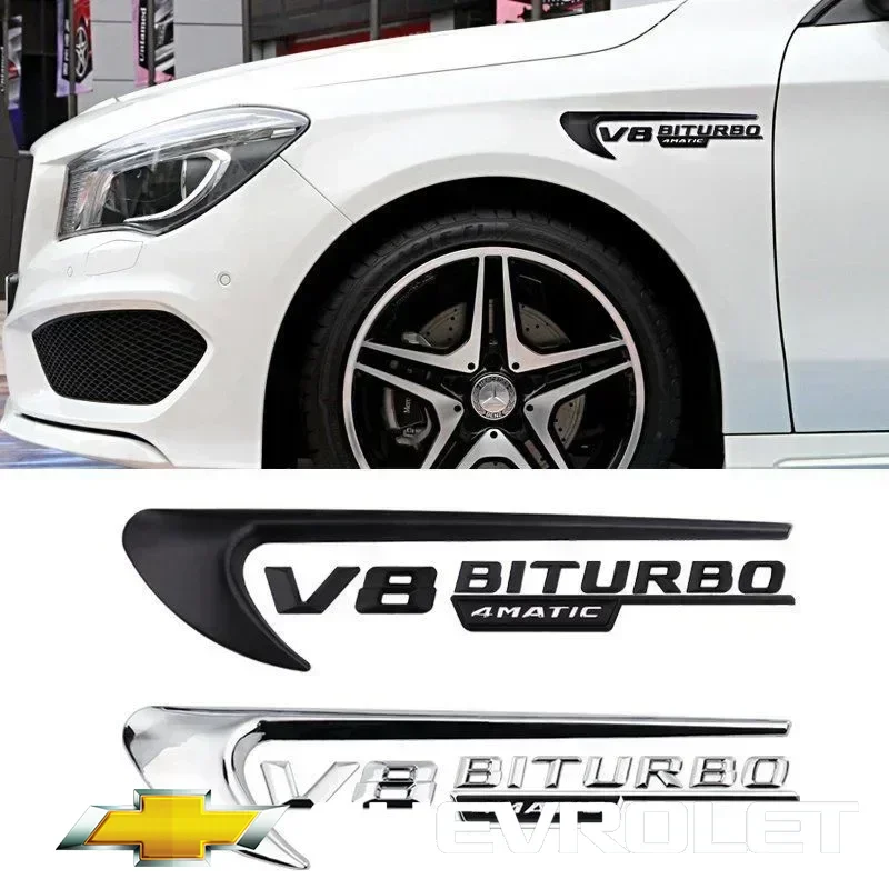 

2Pcs Vent Fender Trim Emblem Blade Logo V8 BITURBO 4MATIC+ For Mercedes Benz AMG V8 C200 C300 E300 E400 W213 Car Side Sticker
