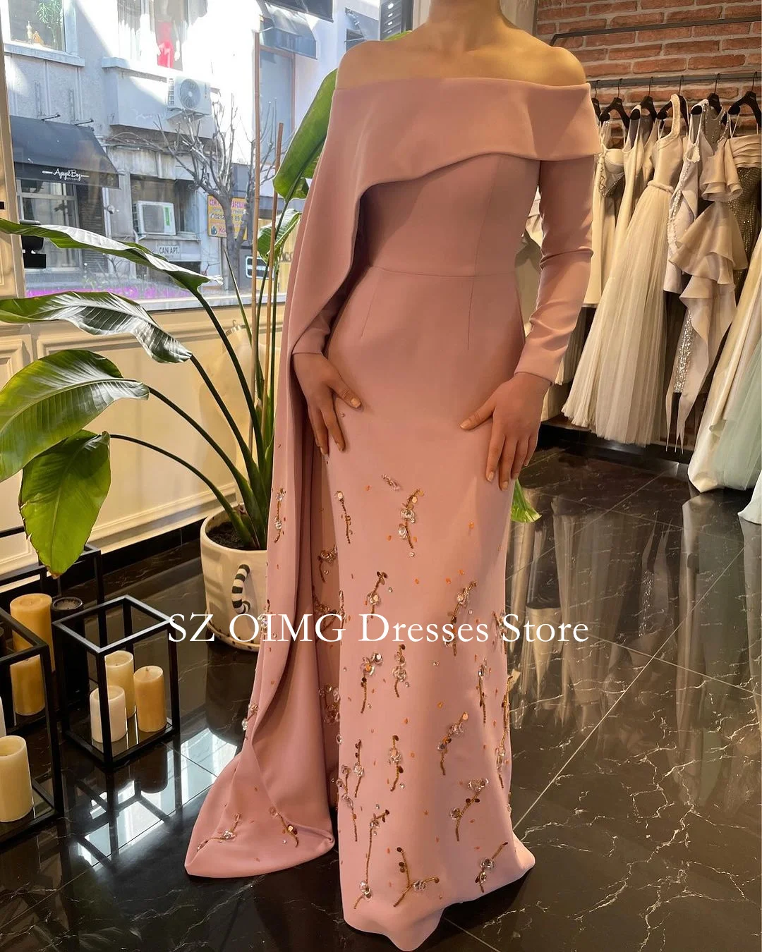 OIMG Off the Shoulder Crepe Satin Women Vintage Modest Prom Dresses Long Sleeves Beading Evening Gowns 2024 Formal Party Dress