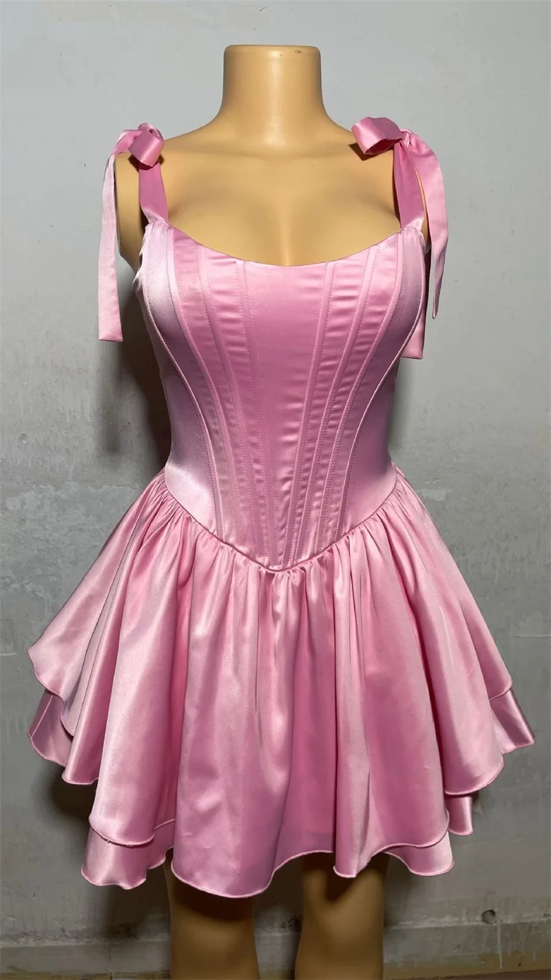 Pink Satin Women Prom Dress Short Mini Party Skirt Lace Up Back Sleeveless Puffy Hem Princess Formal Birthday Evening Gown