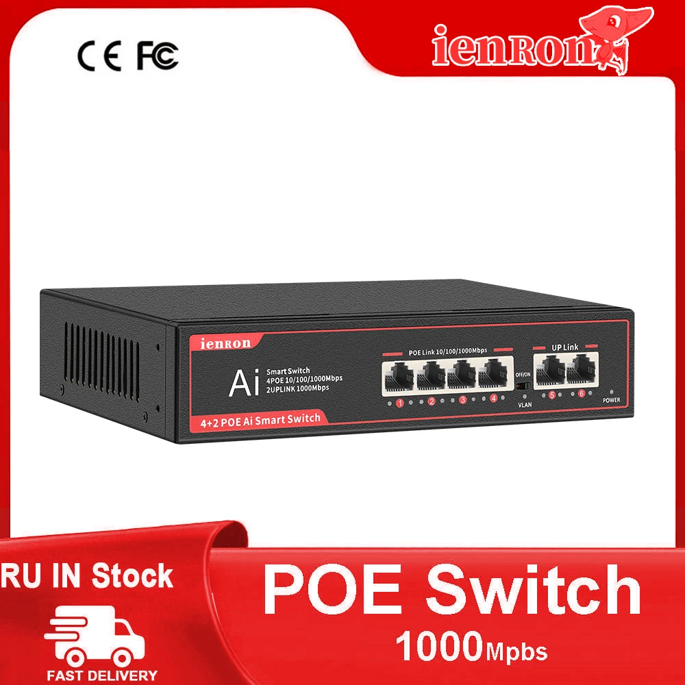 

IENRON Poe Switch 1000 Mbps Ethernet Gigabit Network Smart Switch 4 Port POE +2 Port UpLink 52V Power for IP Camera/ Wifi Router