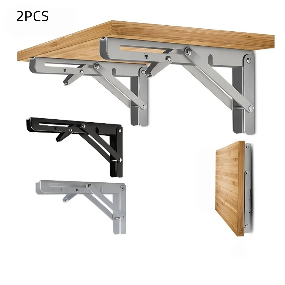 2Pcs Heavy Duty Folding Triangle Shelf Brackets, Foldable Wall Mount Support Braces Wooden Board Floating Table Storage Shelves