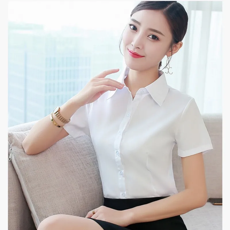 Fashion White Shirts Woman 2023 Autumn Short Sleeve Blouse Solid Ladies Tops OL Female Clothing  Basic Work Shirt Women\'s Blouse