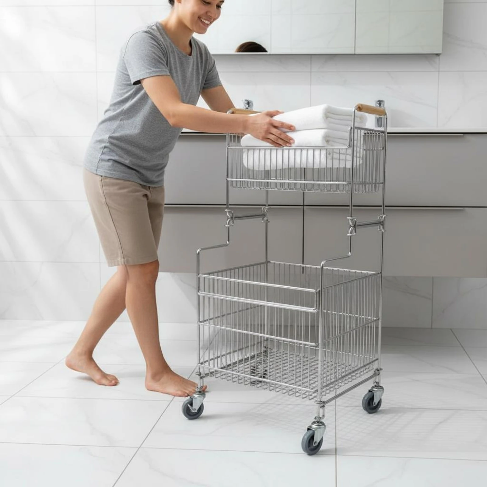 Stainless Steel Laundry Basket Floor Standing Rolling Laundry Hamper Home Organizer Mobile Rust Proof