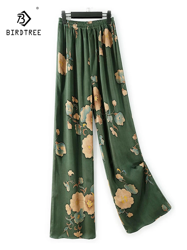 Birdtree-calças femininas elegantes de gaze regada de seda 60mm, estampa de cintura elástica, calças retrô casuais de pernas largas, outono 2025 novo b57890cc