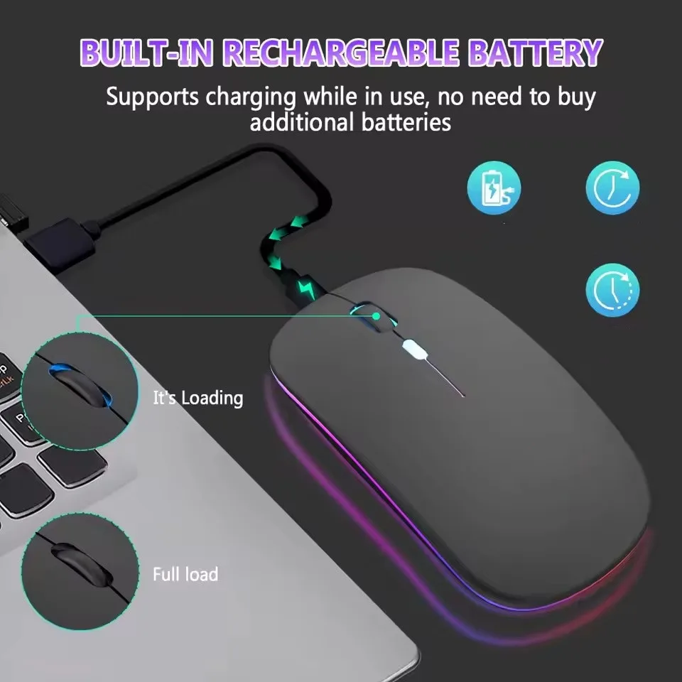 ماوس LED لاسلكي USB قابل لإعادة الشحن ومتوافق مع بلوتوث ماوس RGB ماوس مريح صامت مع إضاءة خلفية لأجهزة الكمبيوتر المحمول وأجهزة iPad