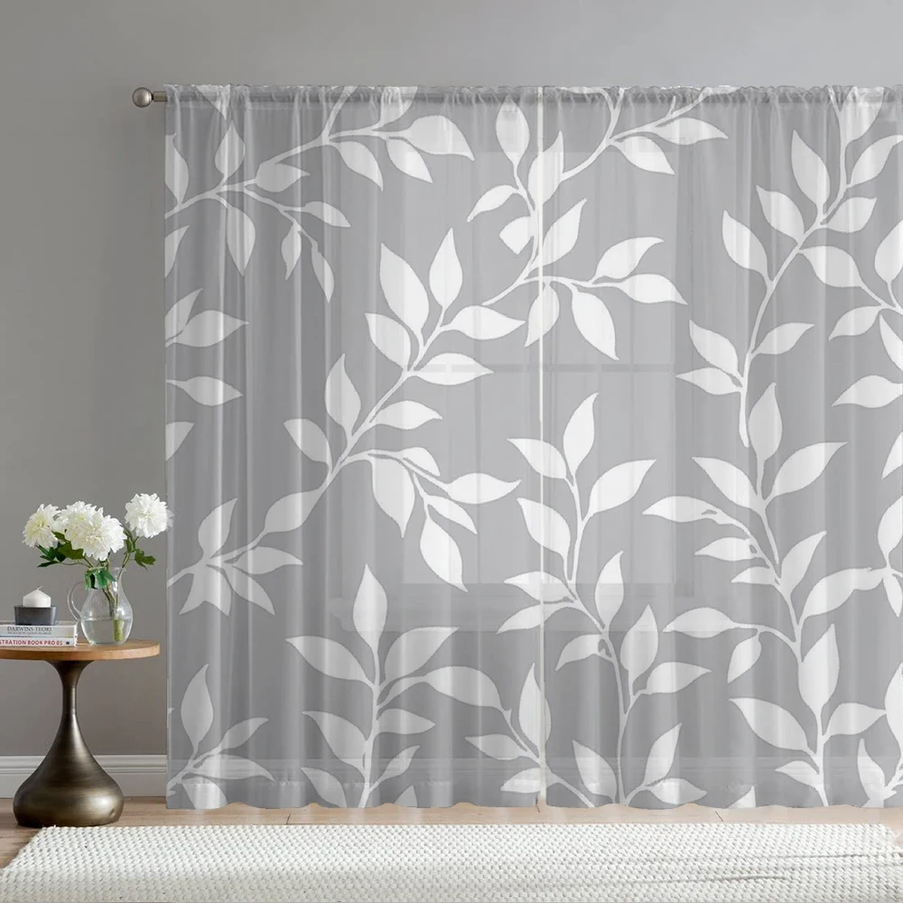 2Pcs Light Gray Leaf Plant Print Home Decoration Window Screens Suitable For Coffee Shops, Restaurants, Bedrooms