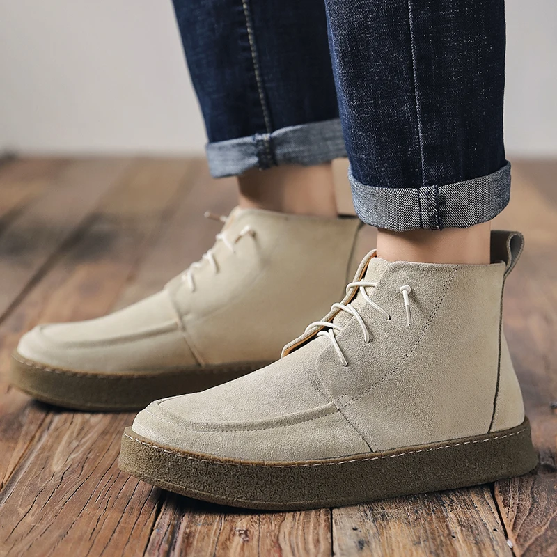 Handmade Cow Suede Vintage British Casual Men Leather Shoes Autumn Winter Ankle Boots Outdoor Work Flats Platform Desert Boots