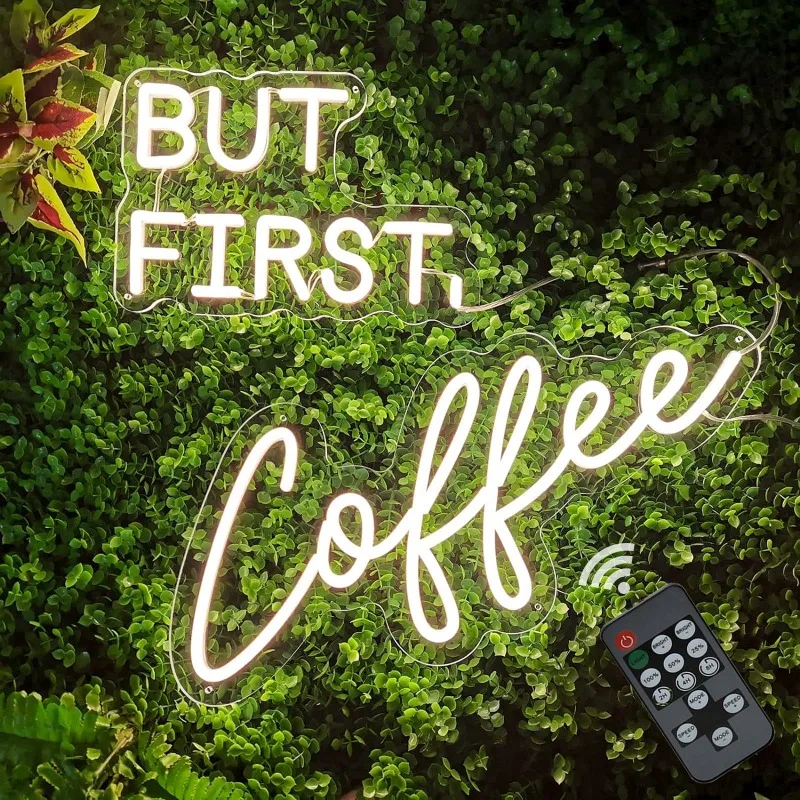 BUT FIRST COFFEE-Signe Néon Café Lumière LED, Minuterie, Dimmable, Décoration Murale, Lumineuse, Publicité Faite Main, 20x19 po