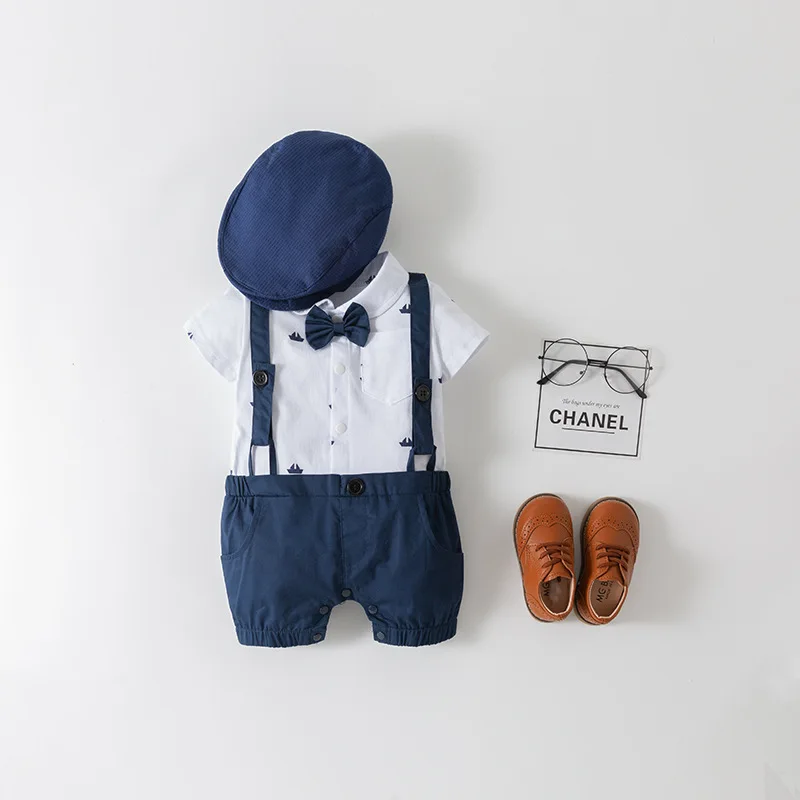 Baby Boys Cute Dark Blue Romper Suspenders 2Pcs Outfit with Hat & Tie Summer Newborn Infant Overalls Jumpsuit Toddler Clothes