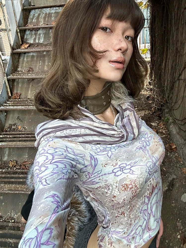 

Ретро-футболка с длинным рукавом, светло-фиолетовая, с ручной росписью и цветочным принтом, плиссированная, женская, для ношения под одеждой, весна-осень