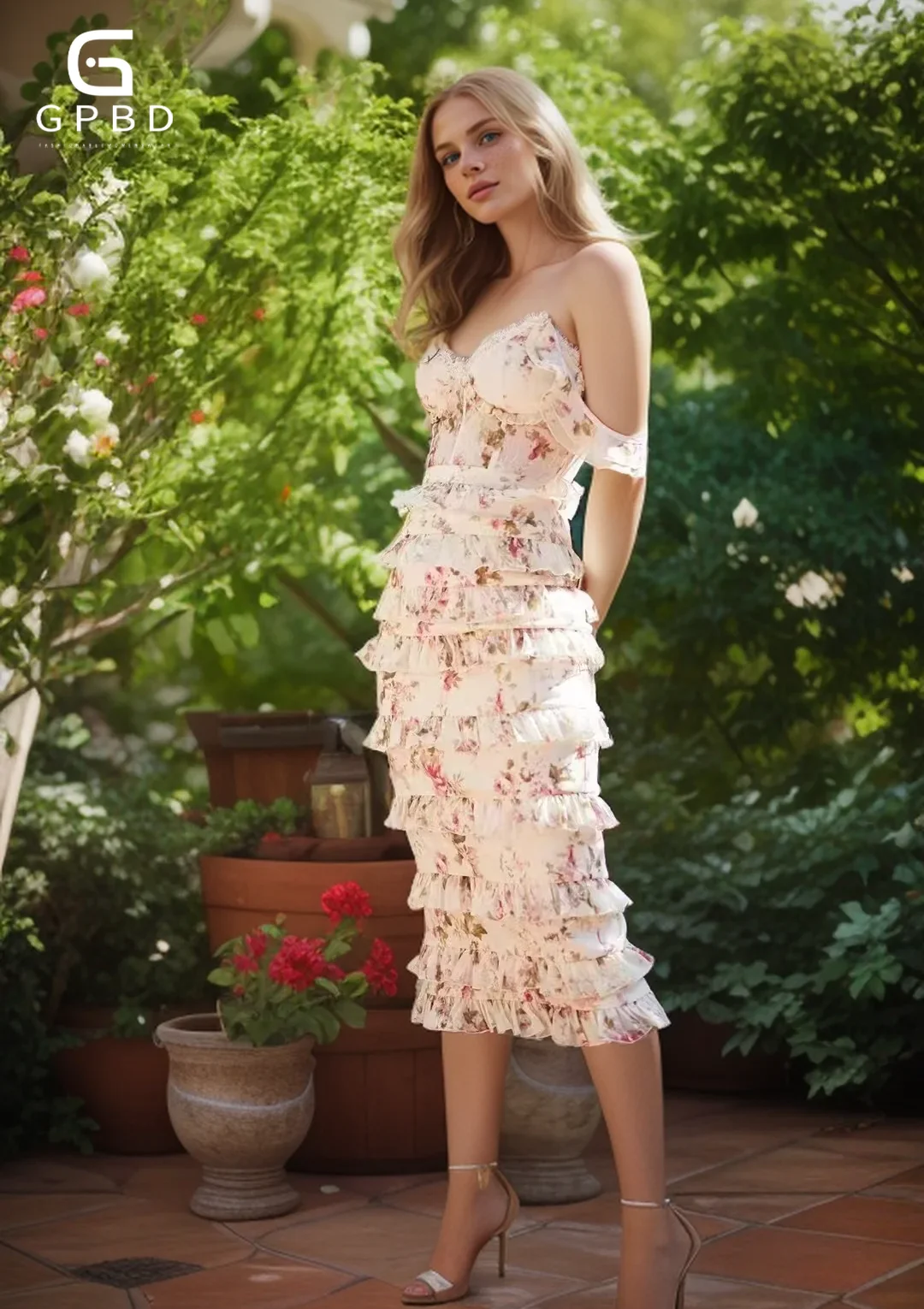 

Elegant Midi Dress Summer Spring New Fashion Design Women Runway Strapless Ruffles Vintage Pink Flower Print Slim