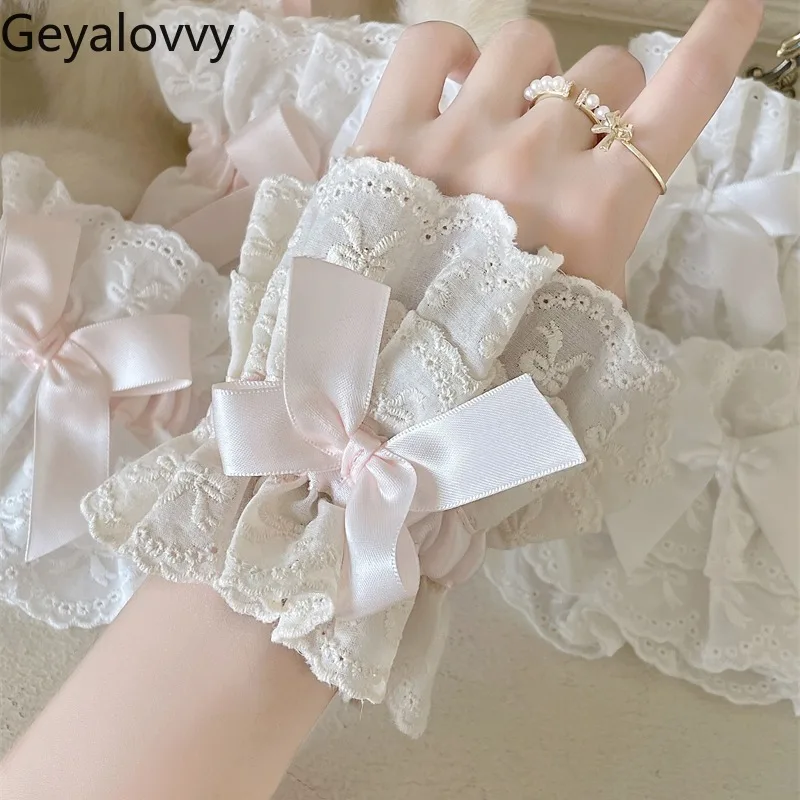 Manches en dentelle de couleur généative Lolita pour femmes, Design Original, nœuds d'été, doux, mignon, élégant, manches à main