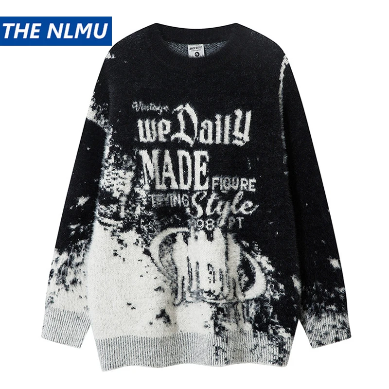 Men Vintage Sweater Y2K Streetwear Hip Hop Letter Tie Dye Knitted Sweaters 2024 Autumn Harajuku Fashion Casual Sweaters