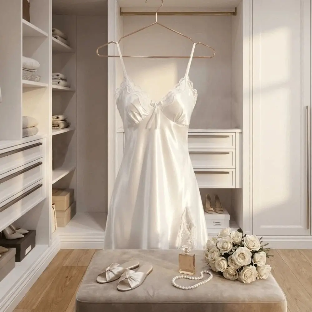 Elegant Female Sleepwear V-neck Nightgown Lingerie Dresses Soft Suspenders Nightdress Slit Ice Silk Satin Sleepwear Sleep