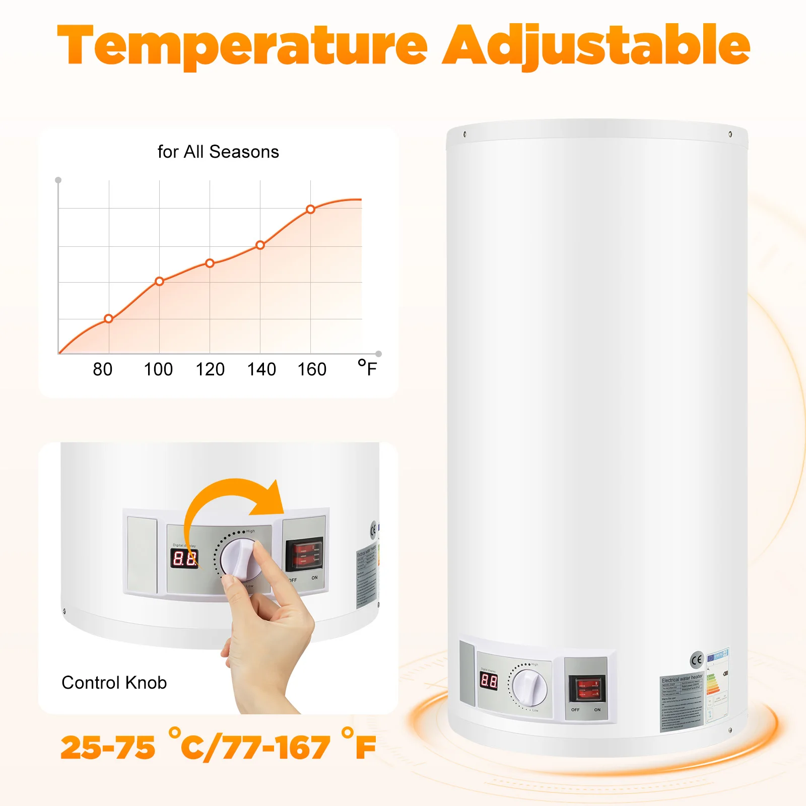 Jolre 80L warmwaterboiler, elektrische boiler, elektrische boiler met opslag, 220V wandmodel warmwaterboiler-douche, met douchekop