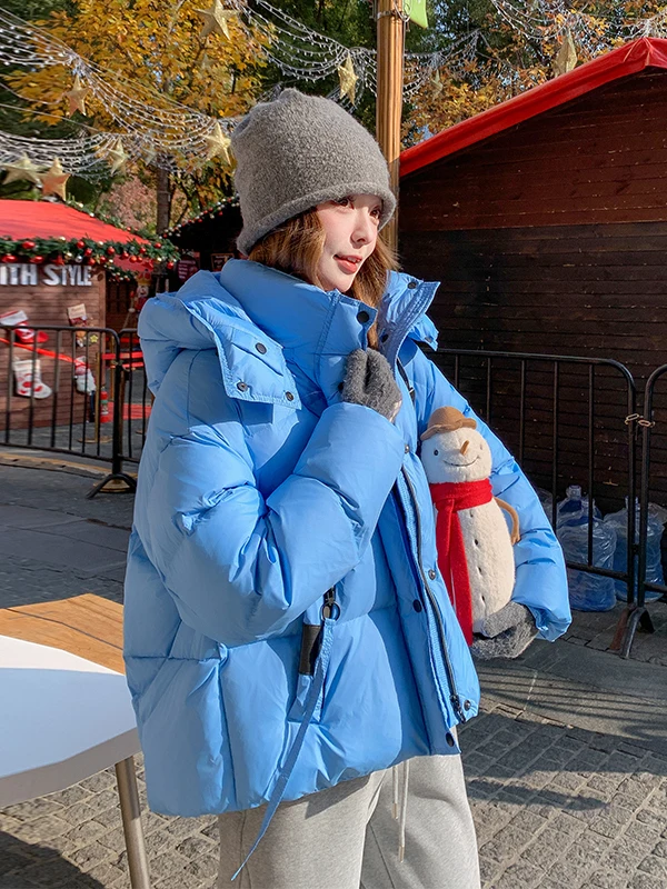

Синяя утепленная куртка-пуховик с капюшоном для женщин, зимняя теплая модная повседневная свободная куртка-пуховик для дам