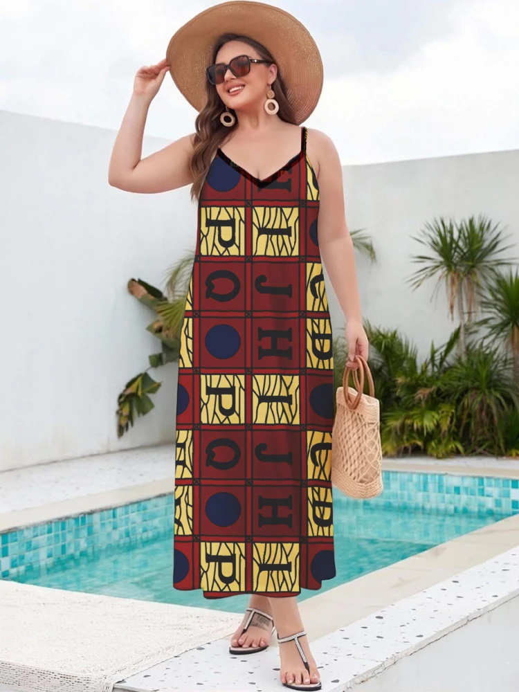 

Женское макси-платье больших размеров с ретро-принтом и надписями, лето 2026, с V-образным вырезом, на тонких бретельках, повседневное длинное платье-комбинация, оверсайз, в стиле бохо