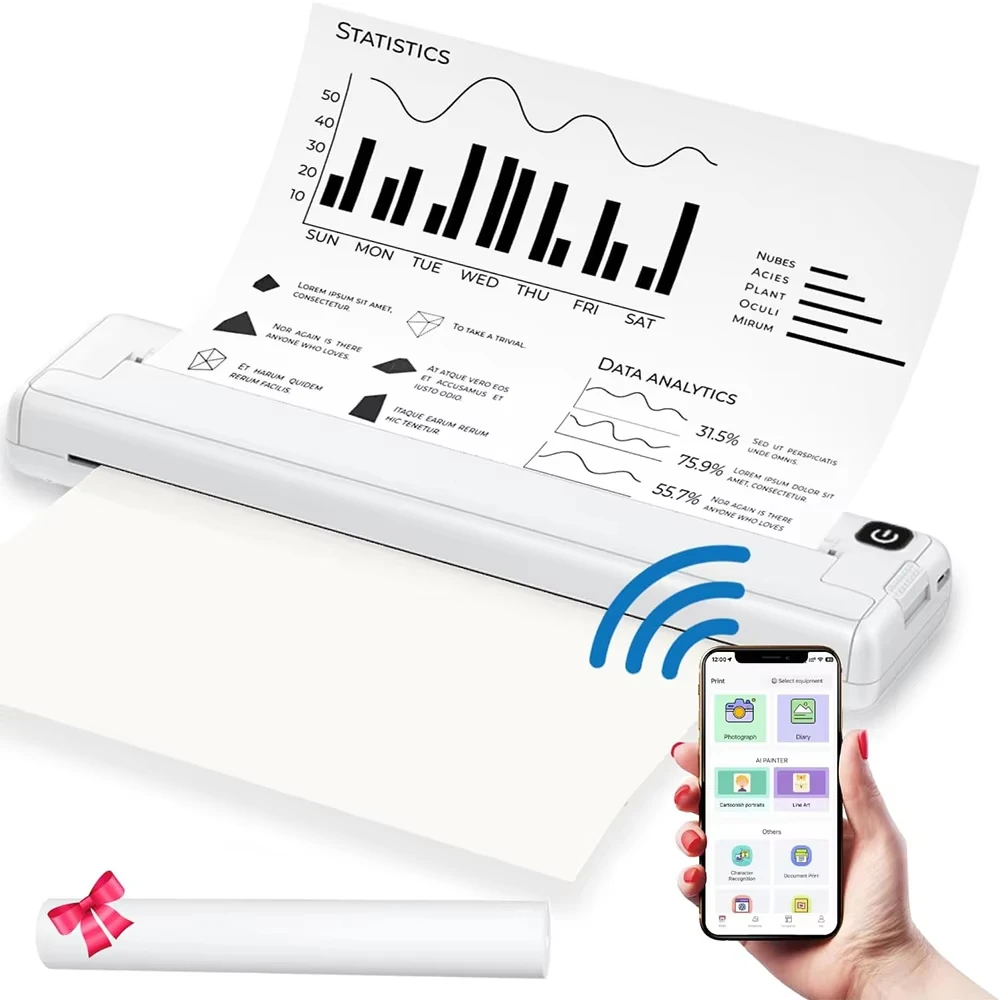 A404-Portable Printer Multifunctional High Clear Printing Printer for Homework Study Materials (White)