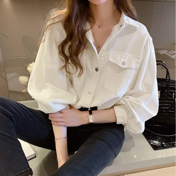 

Women's Blouse Women New Tops White Collar Korean Aesthetic Long Sleeve Shirts Sexy SQ43