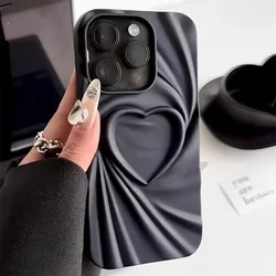 Luxury Candy Color 3D Pleated Love Heart Phone Case For iPhone 16 11 12 13 14 15 Pro Max X XR XS Max Ins Simple Shockproof Cover