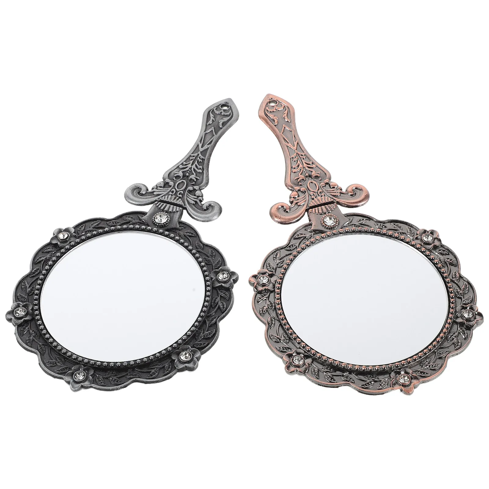 

2Pcs Vintage Handheld Makeup Mirror Rhinestone Embossed Handle Portable Mirror Travel Vanity Accessories Small Compact